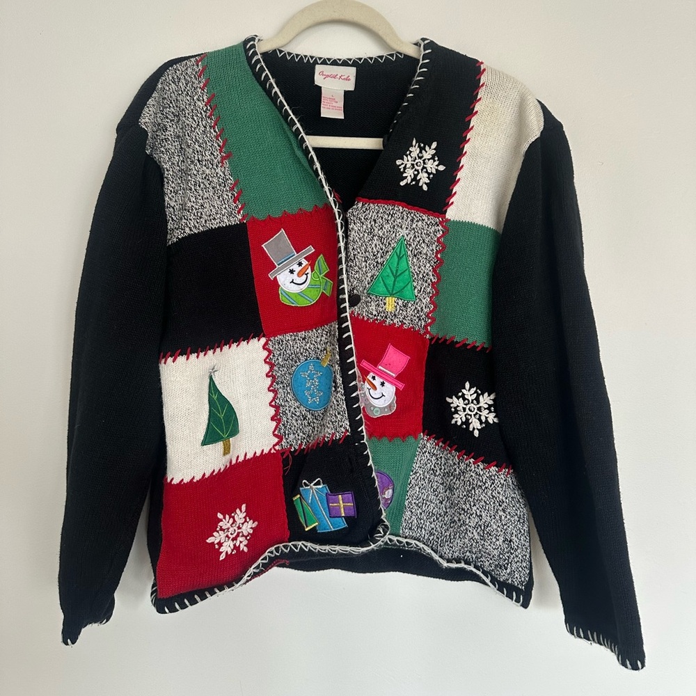 Crystal-Kobe Patchwork Christmas Cardigan‎ Size L Vintage EUC